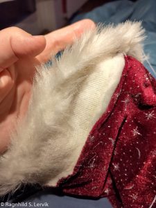 En hvit fuskpelskant på en rød fløyelslue, kanten er bare festet på ene siden, slik at den viser vrangen når den brettes ned.