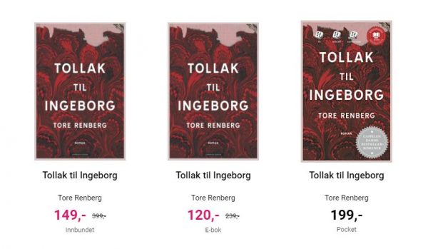 Skjermdump fra Norli, tre versjoner av Tollak til Ingeborg. Hardcover er på tilbud til 149,- ebok er på tilbud til 120,- mens pocket koster 199,-