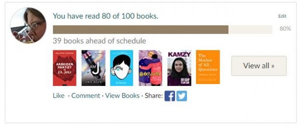 Skjermdump fra Goodreads som sier at jeg har lest 80 av 100 bøker og derfor ligger foran skjemaet med 38 bøker i årets utfordring.